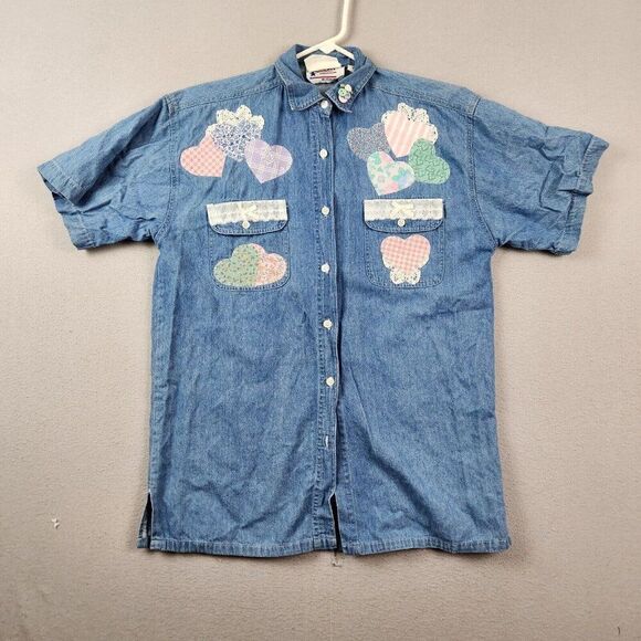 Vintage Amrav Denim Button Up Patch Work Short Sleeve Shirt Size S - Picture 1 of 10